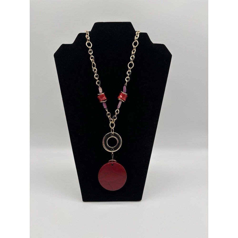 Boho Statement Necklace Gold Tone Chain Red‎ Disc Pendant Retro Fashion Jewelry